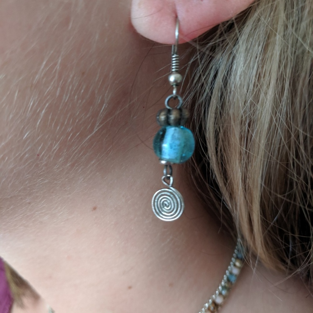 Blue Glass Beaded Earrings with Spiral
